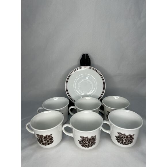 Vintage CORELLE Batik Cups & Saucers Brown Button Flowers Floral Set of 6 - Picture 1 of 6